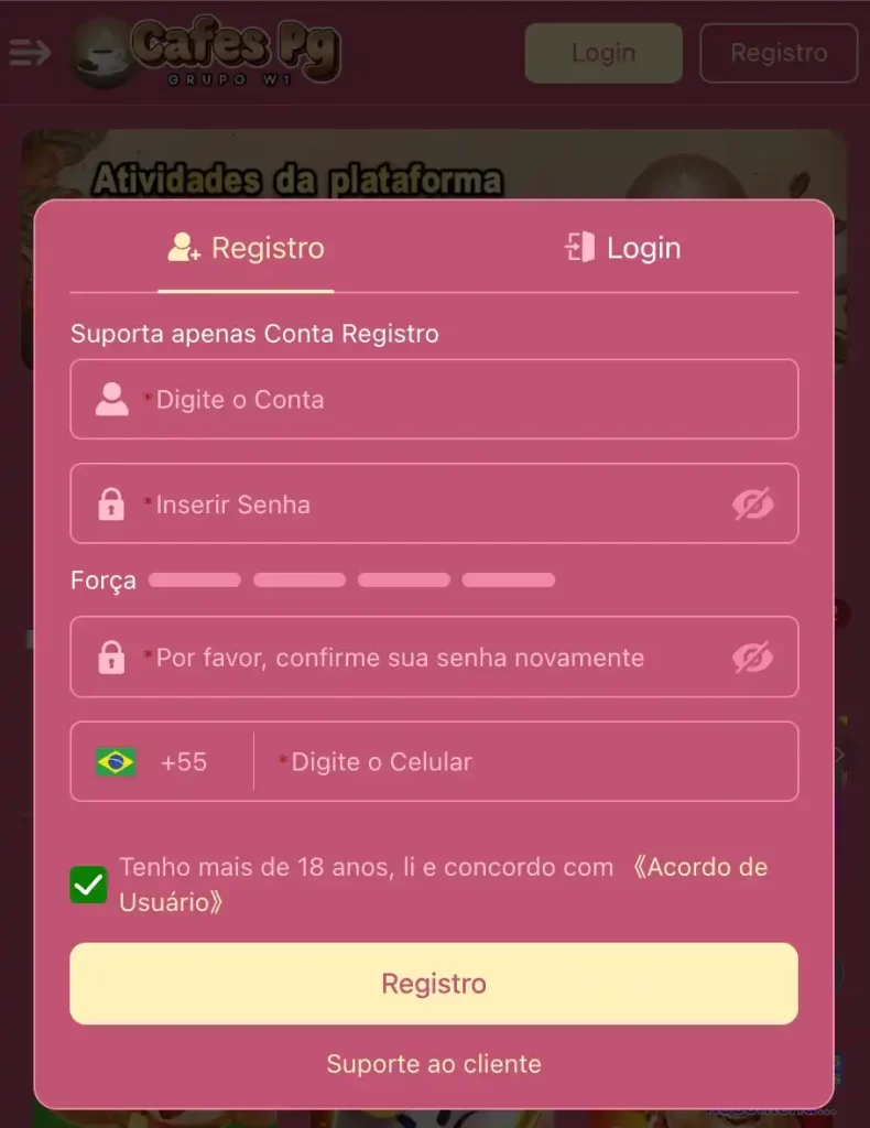 Cadastro rápido e seguro no CAFESPG cassino com apenas alguns dados pessoais.